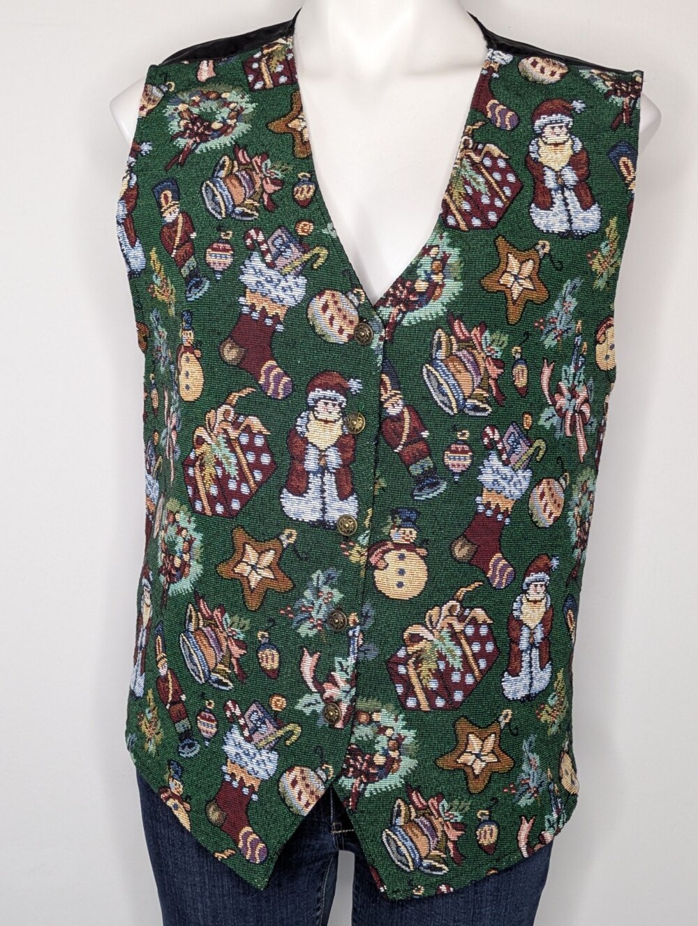 Vintage Bobbie Brooks Green Holiday Christmas Tapestry V Neck Vest XL
